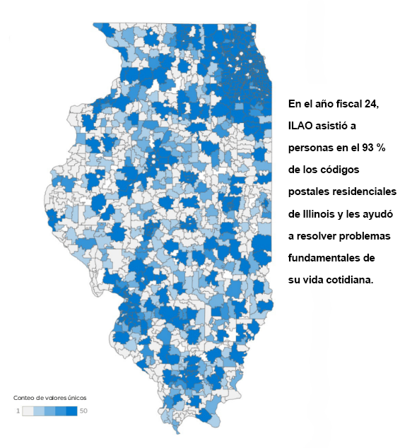Mapa del código postal residencial de Illinois donde el 93% de los códigos postales están coloreados en tonos de azul o gris