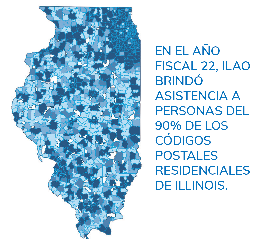 Mapa del código postal de Illinois coloreado por el uso de IllinoisLegalAid.org al 90%